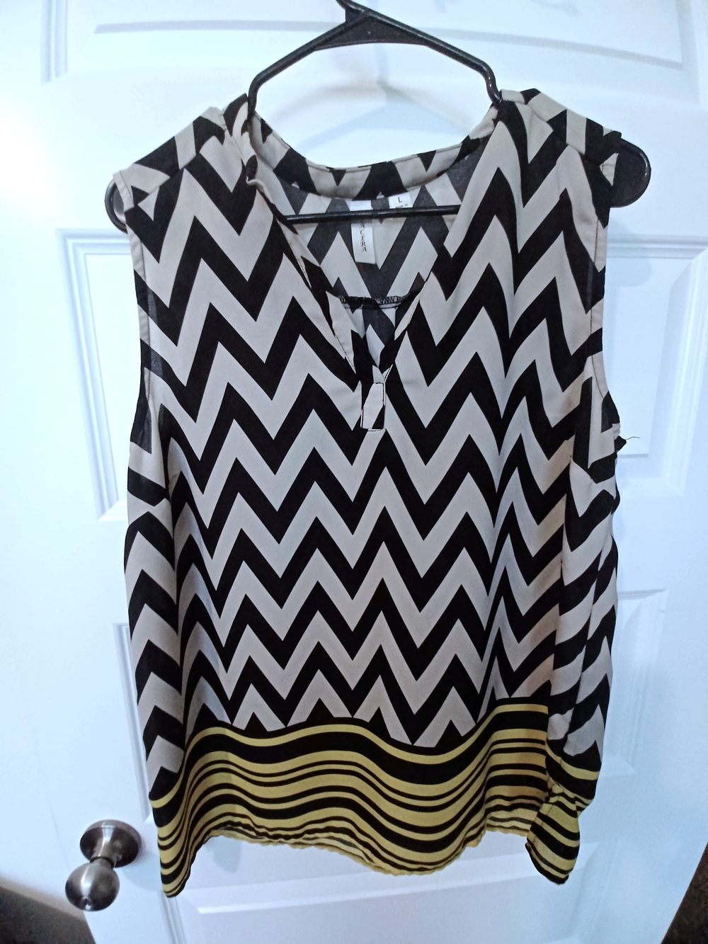 Tacera Black and White Chevron Sleeveless Top w/ Yellow Stripe Hem